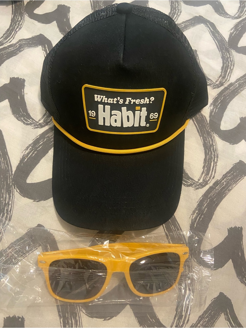 New Habit Burger What's Fresh?' Black & Yellow Trucker Hat UV 400 sunglasses set